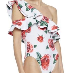 ONIA Stella Ruffled Shoulder Flower Swimsuit